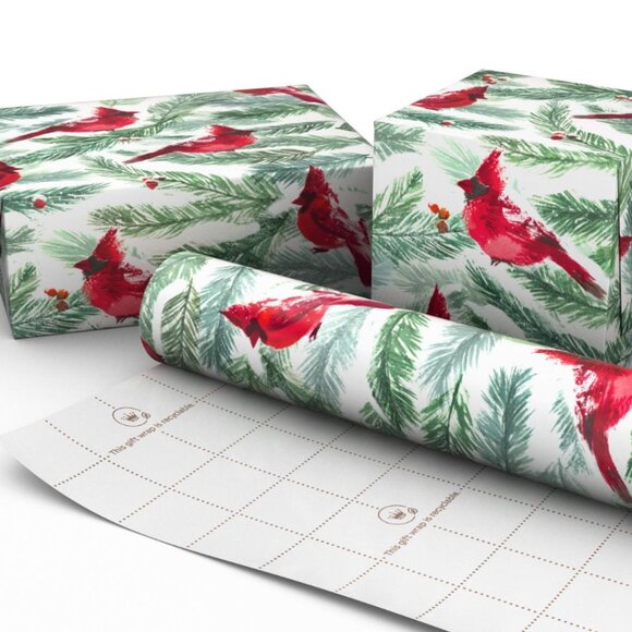 Hallmark Wrapping Paper Cardinals and Pine Branches 35 sq ft Roll Holiday Gift - Picture 3 of 6